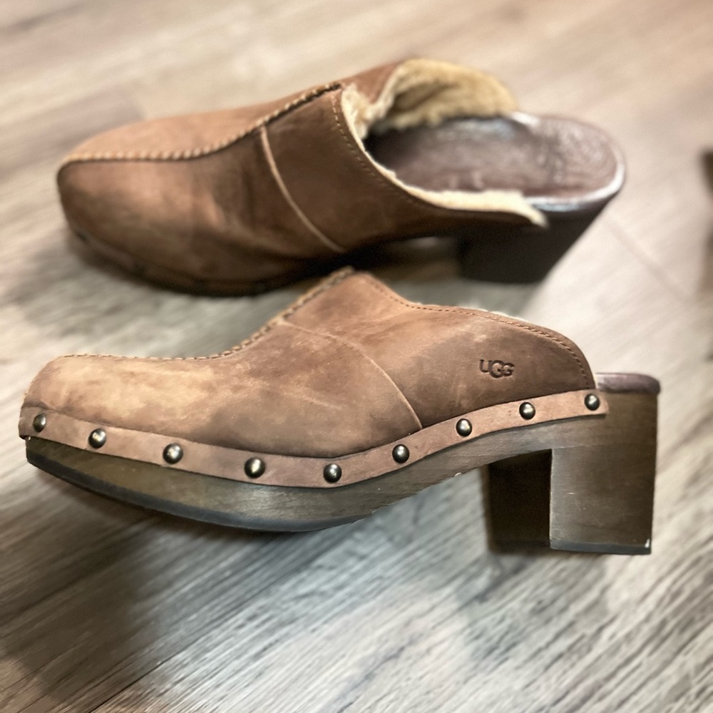 UGG Brown Leather Mules with Chunky Heel